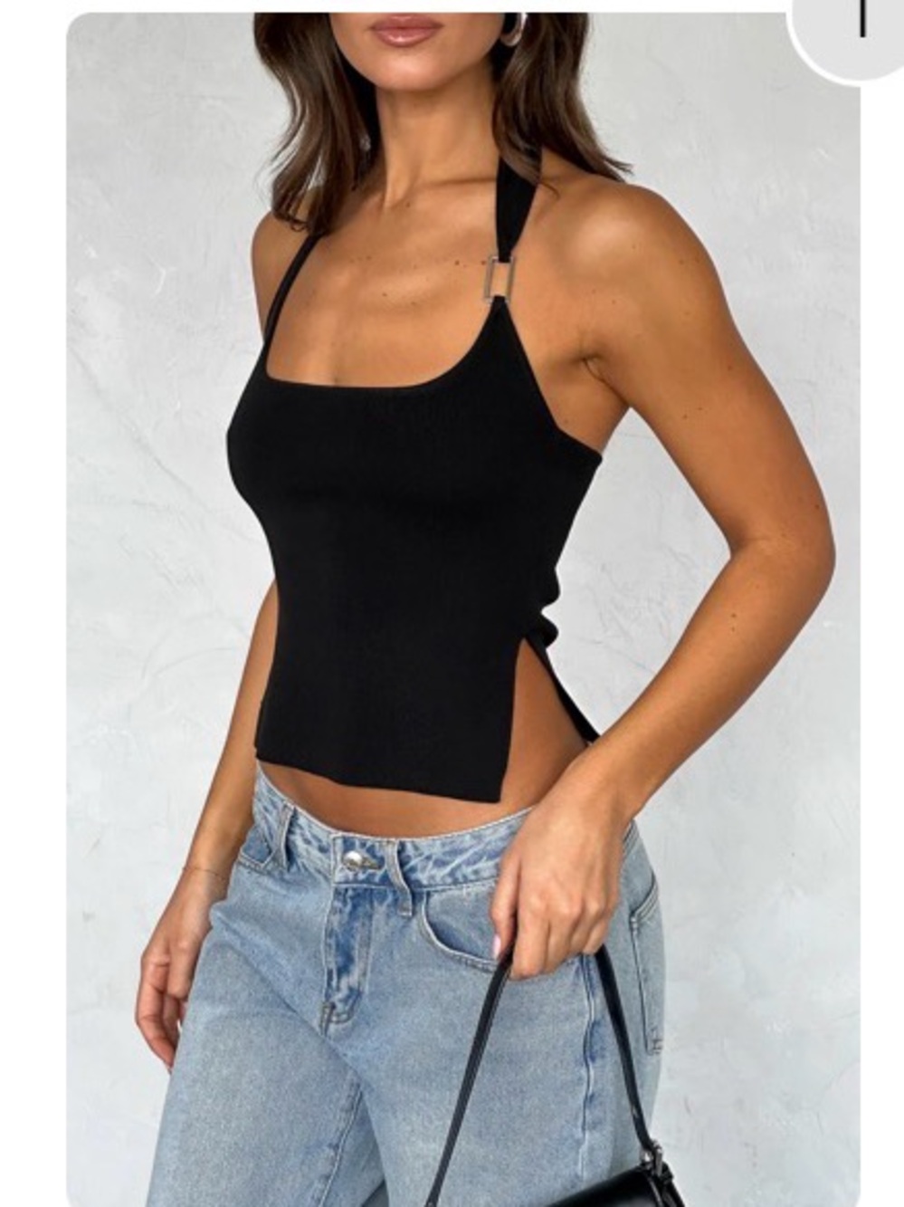 White Fox Boutique Black Halter Ribbed Side-Slit Crop Top